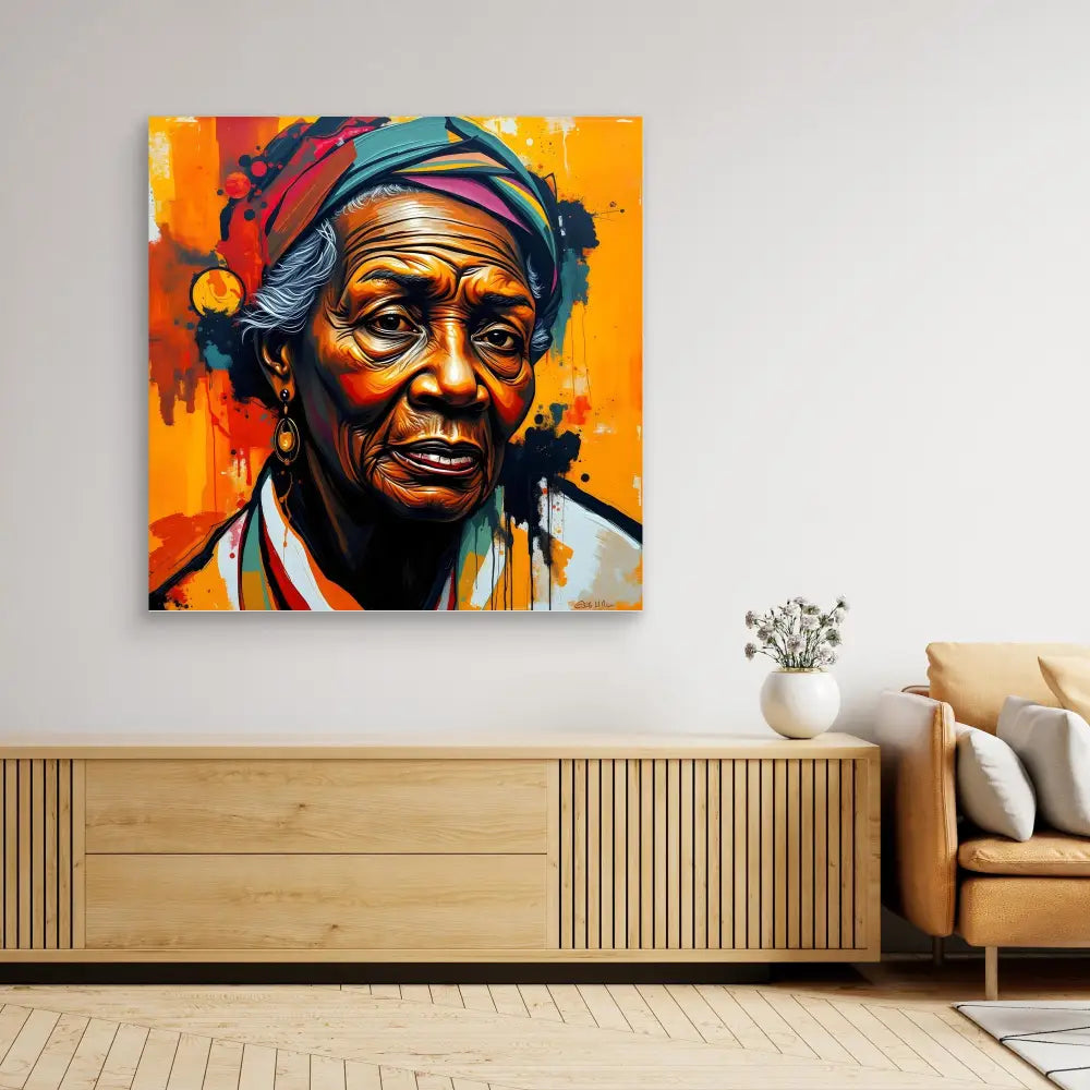 Vibrant portrait painting with bold orange background and expressive brushstrokes depicting an elderly person wearing a blue headwrap.