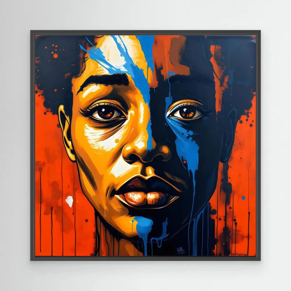 A vibrant portrait painting featuring bold orange and blue tones with dripping paint effects.