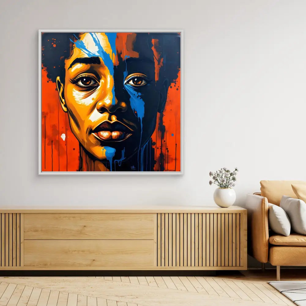 A vibrant portrait painting featuring bold orange and blue colors with dramatic dripping paint effects.