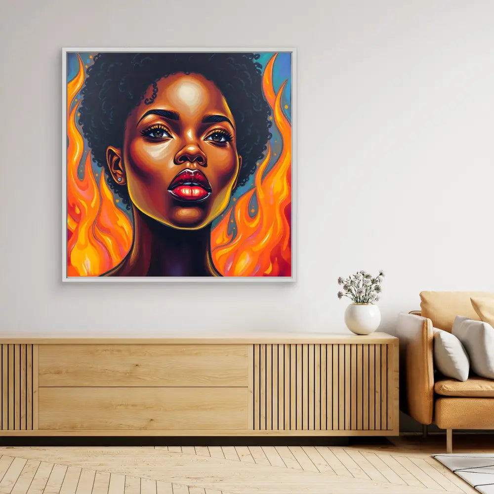 Vibrant portrait painting featuring bright orange flames surrounding a striking figure with an afro hairstyle.