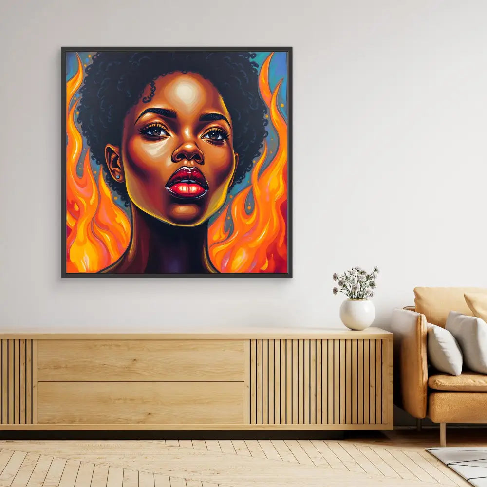 A vibrant portrait painting featuring bright orange flames surrounding a striking figure against a dark background.