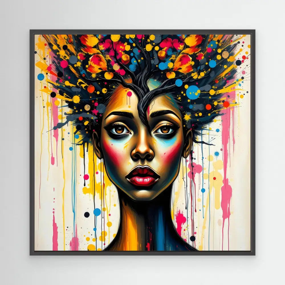 Vibrant portrait painting featuring colorful drips and dots flowing from dark hair like an abstract tree.