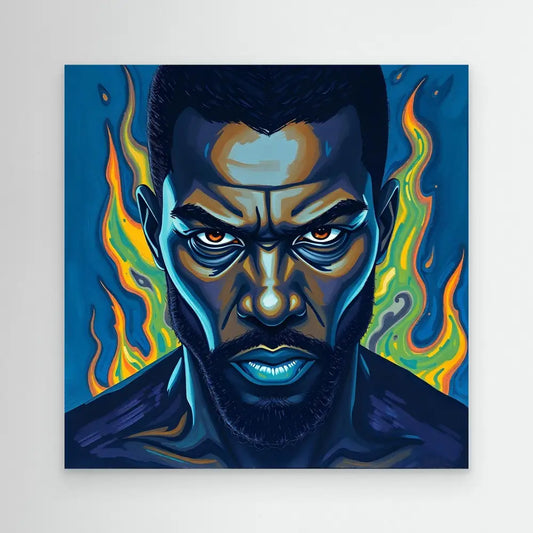 Vibrant portrait painting with colorful flames on either side of an intense facial expression.