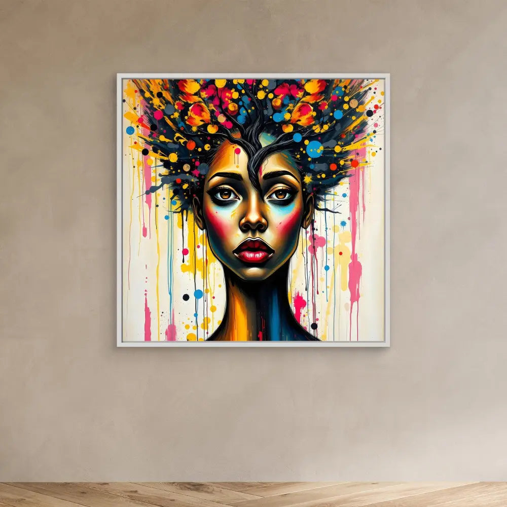 Vibrant portrait painting featuring colorful dripping flowers and leaves forming hair against a dark silhouette.