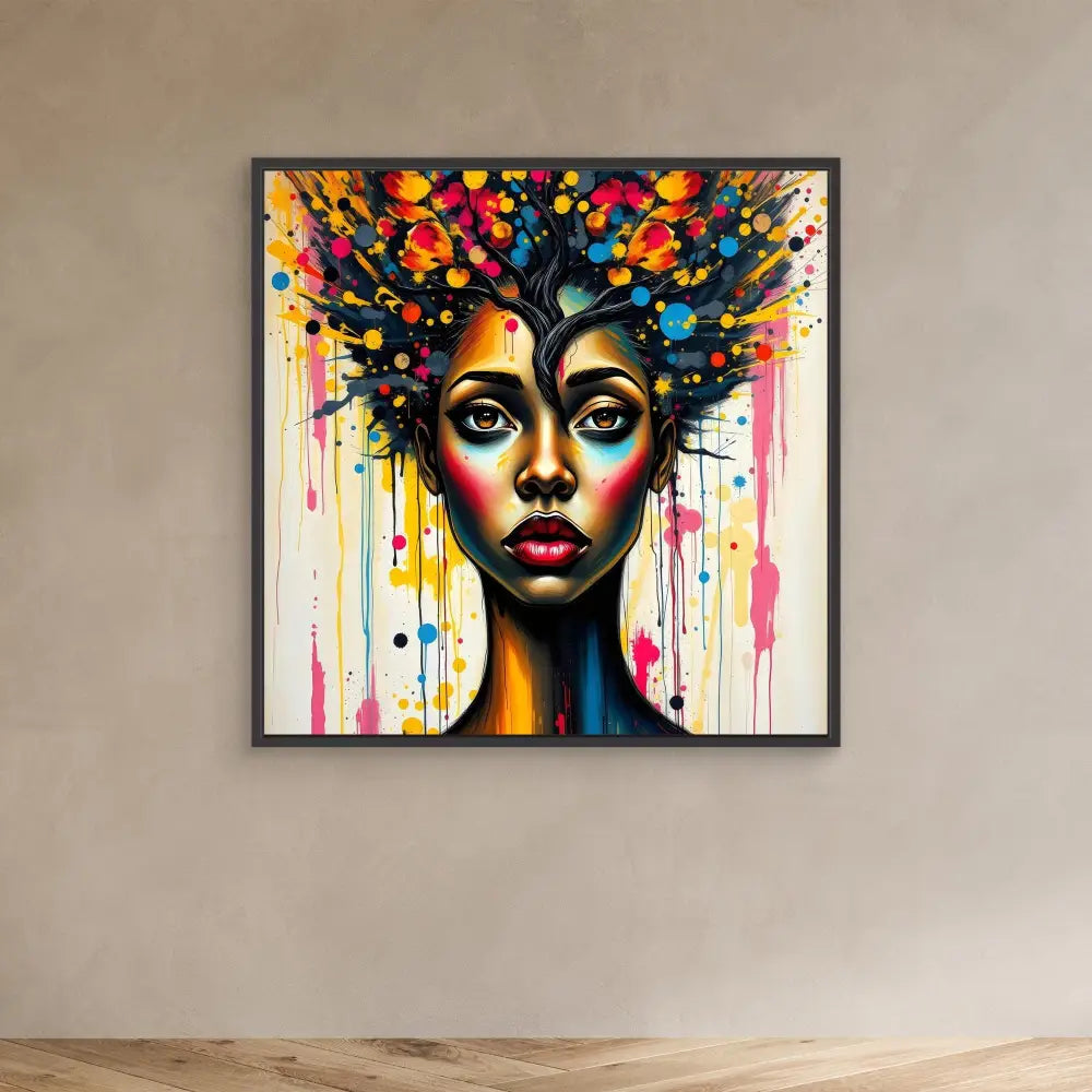 Vibrant portrait painting featuring colorful dripping paint forming tree-like branches emerging from dark skin and bright eyes.