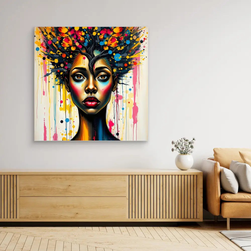 Vibrant portrait painting featuring colorful dripping paint effects and an Afrocentric aesthetic.