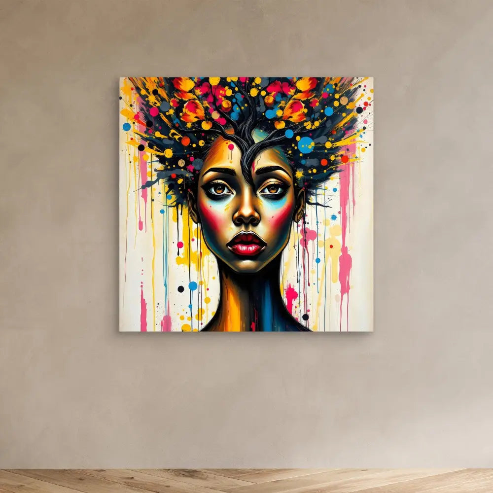 Vibrant portrait painting featuring colorful dripping paint forming tree-like hair against a dark figure.