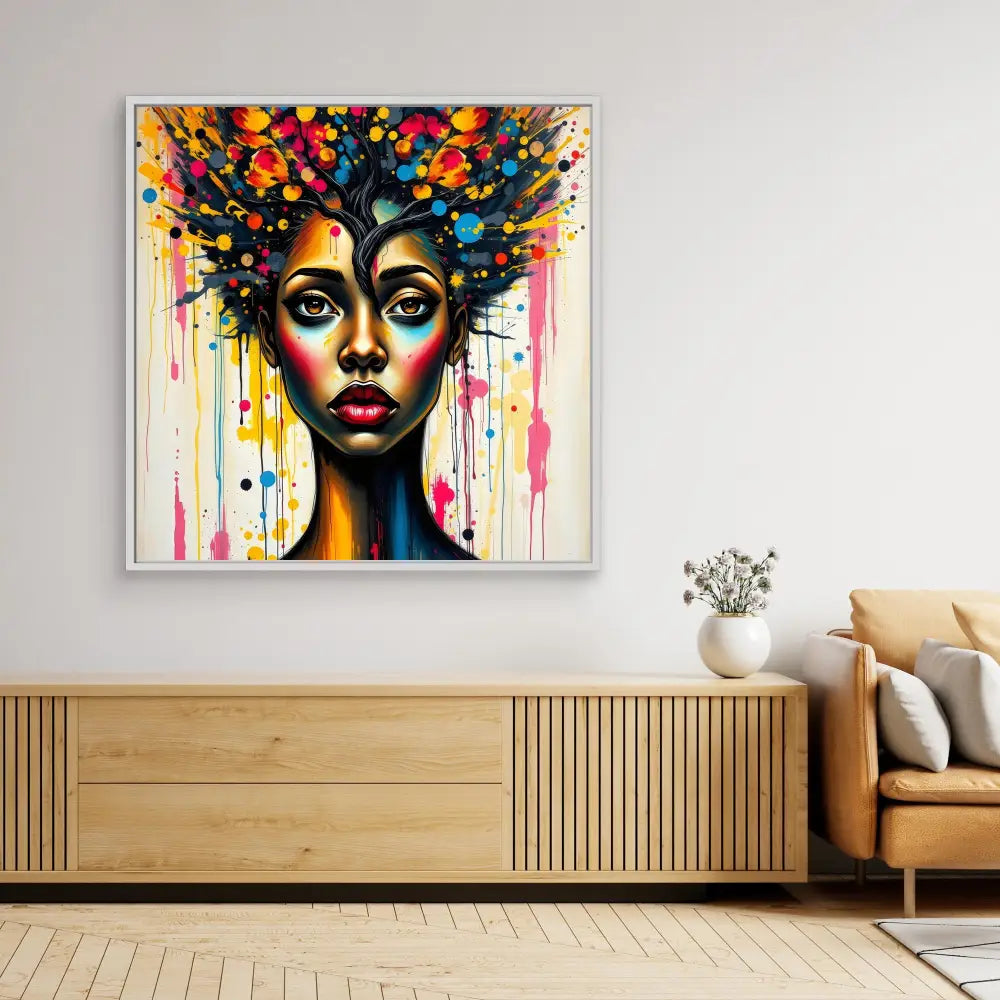 Vibrant portrait painting featuring colorful dripping paint effects and an abstract tree-like element emerging from the head.