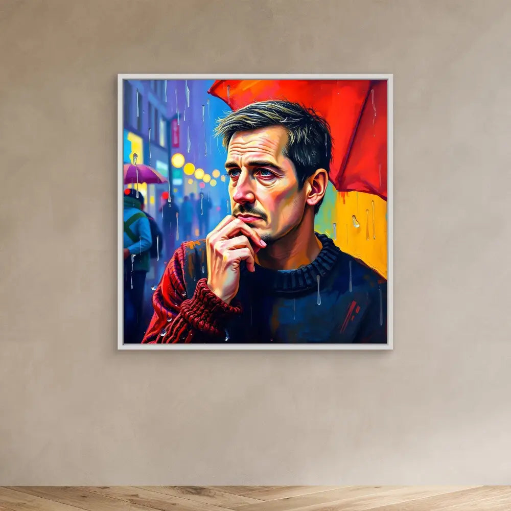 A vibrant portrait painting featuring a contemplative person wearing a dark sweater against colorful background elements.