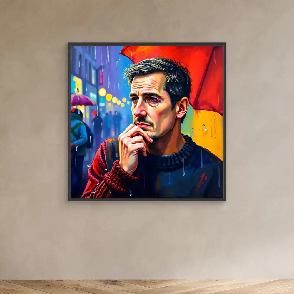 A vibrant portrait painting featuring a contemplative person wearing a dark sweater against colorful abstract backgrounds.