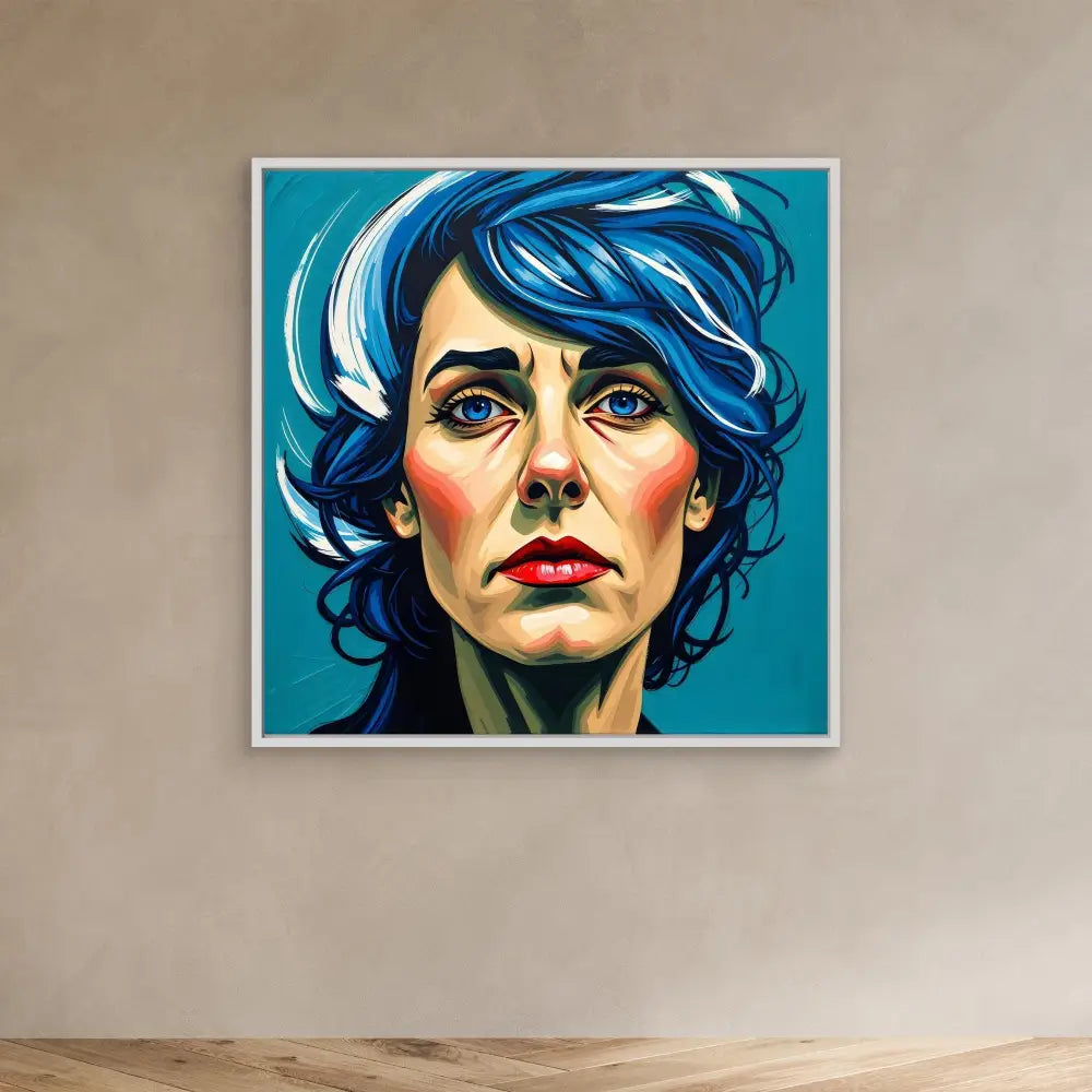 A vibrant portrait painting featuring dramatic blue hair, bold red lips, and intense eyes against a turquoise background.