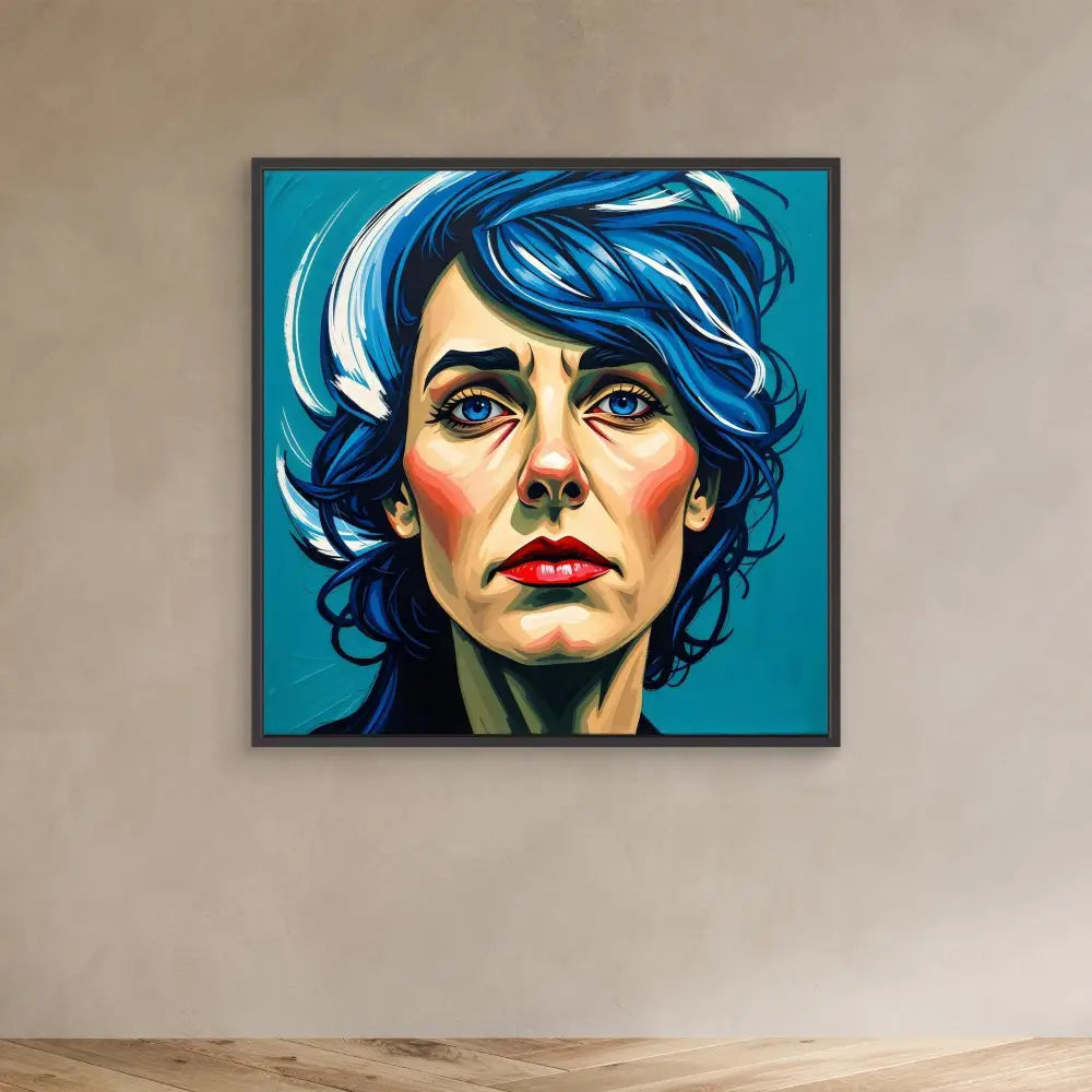 A vibrant portrait painting featuring dramatic blue hair, bold red lips, and intense eyes against a turquoise background.