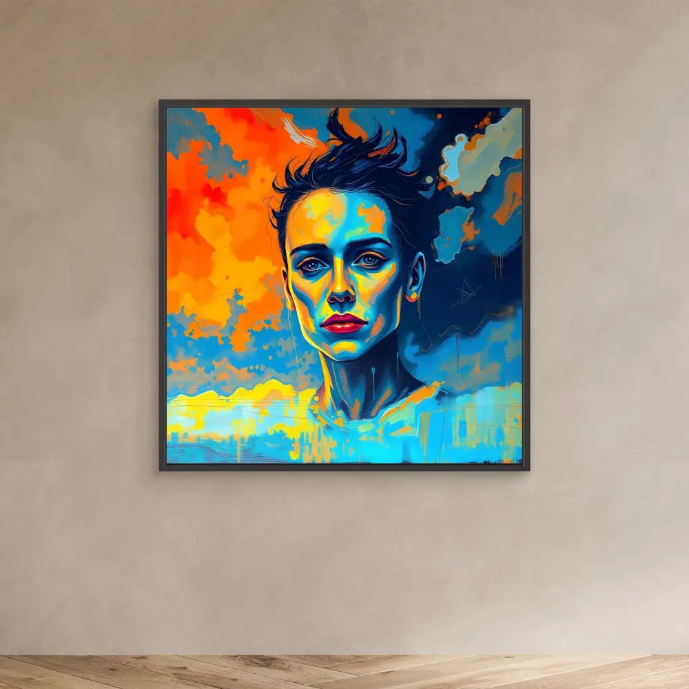 Vibrant portrait painting featuring dramatic contrasting orange and blue colors with an expressive artistic style.