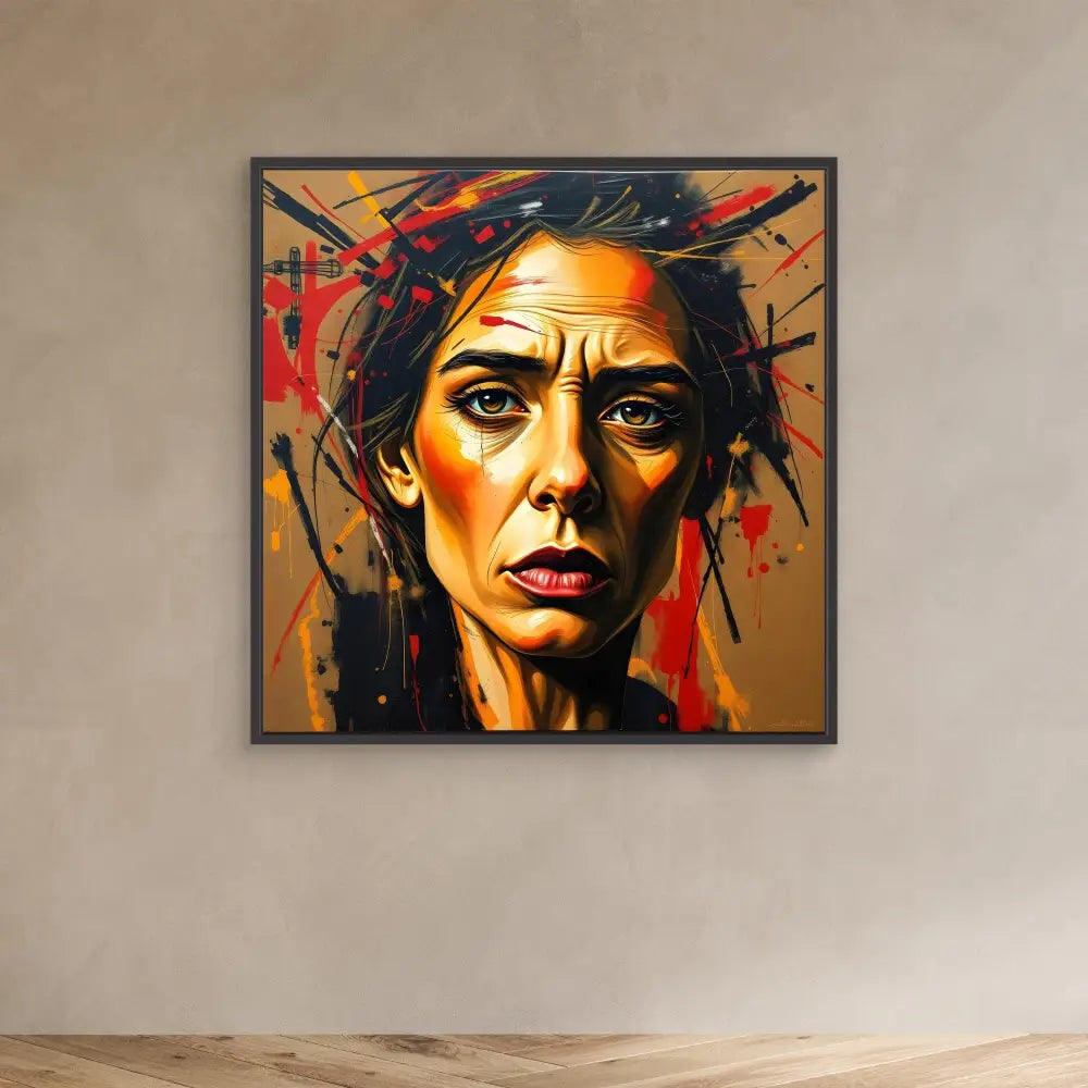 A vibrant portrait painting featuring dramatic orange, red and black colors with expressive brushstrokes.