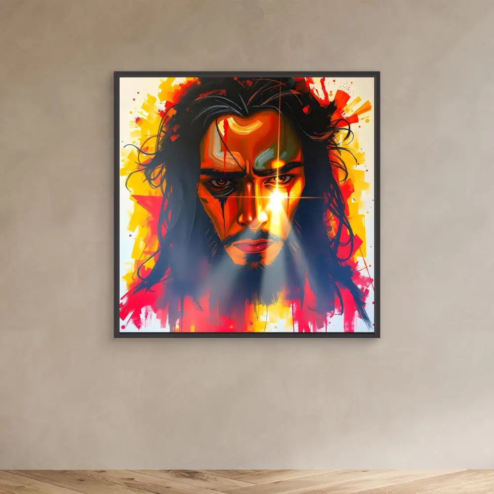 A vibrant portrait painting with dramatic red, orange and yellow flame-like effects against dark flowing hair.