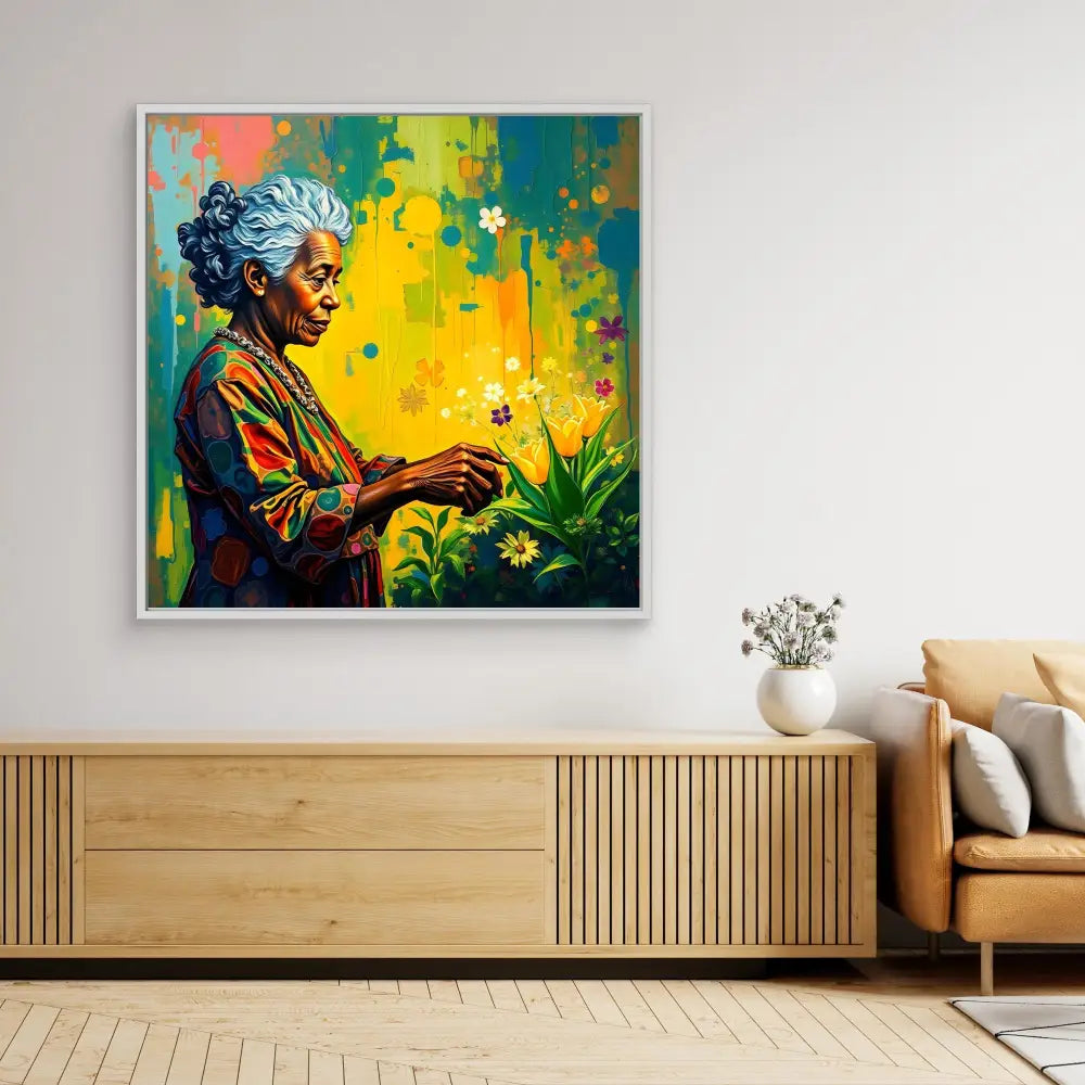 Vibrant portrait painting featuring an elderly figure in traditional dress amid colorful yellow and green splashes.