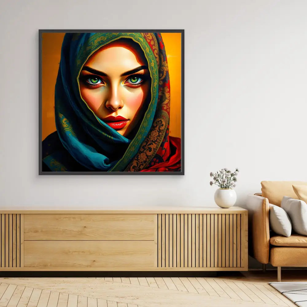 A vibrant portrait painting of a figure wearing a green and red hijab against an orange background.