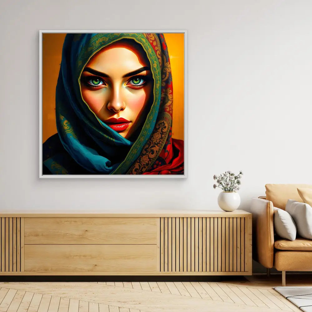 Vibrant portrait painting of a figure wearing a green and red hijab against an orange background.