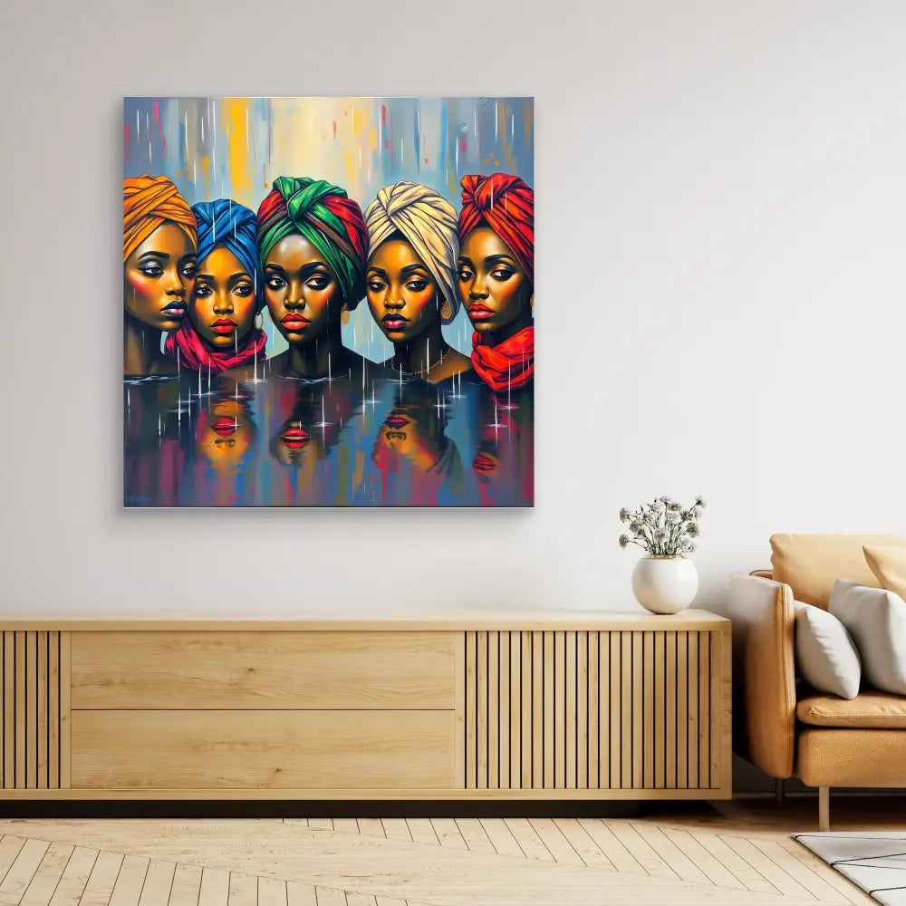 Vibrant portrait painting of five figures wearing colorful head wraps against a blue background.