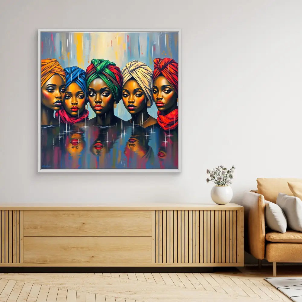 Vibrant portrait painting of five women wearing colorful head wraps against a blue background.