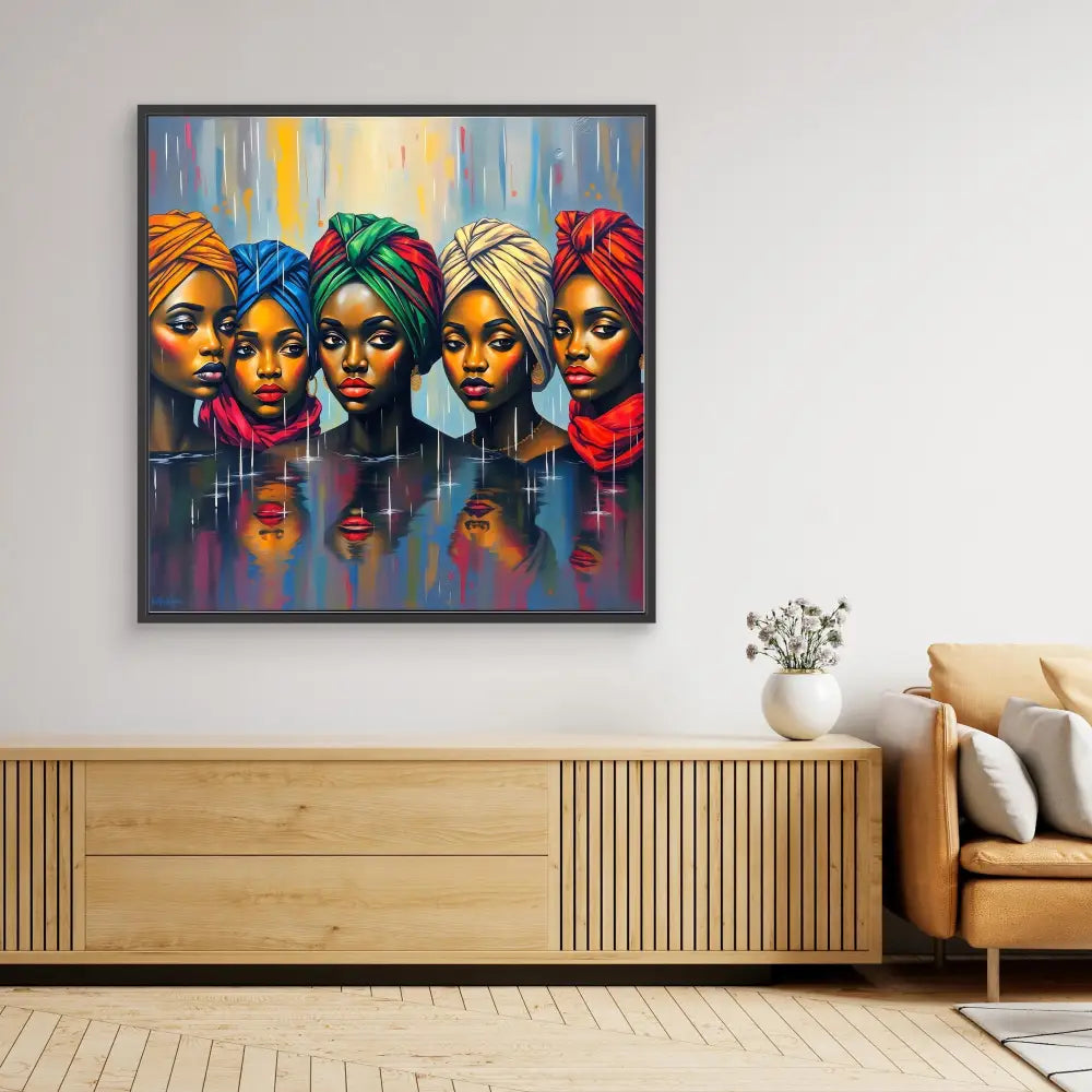 Vibrant portrait painting of five women wearing colorful head wraps against a blue and yellow backdrop.