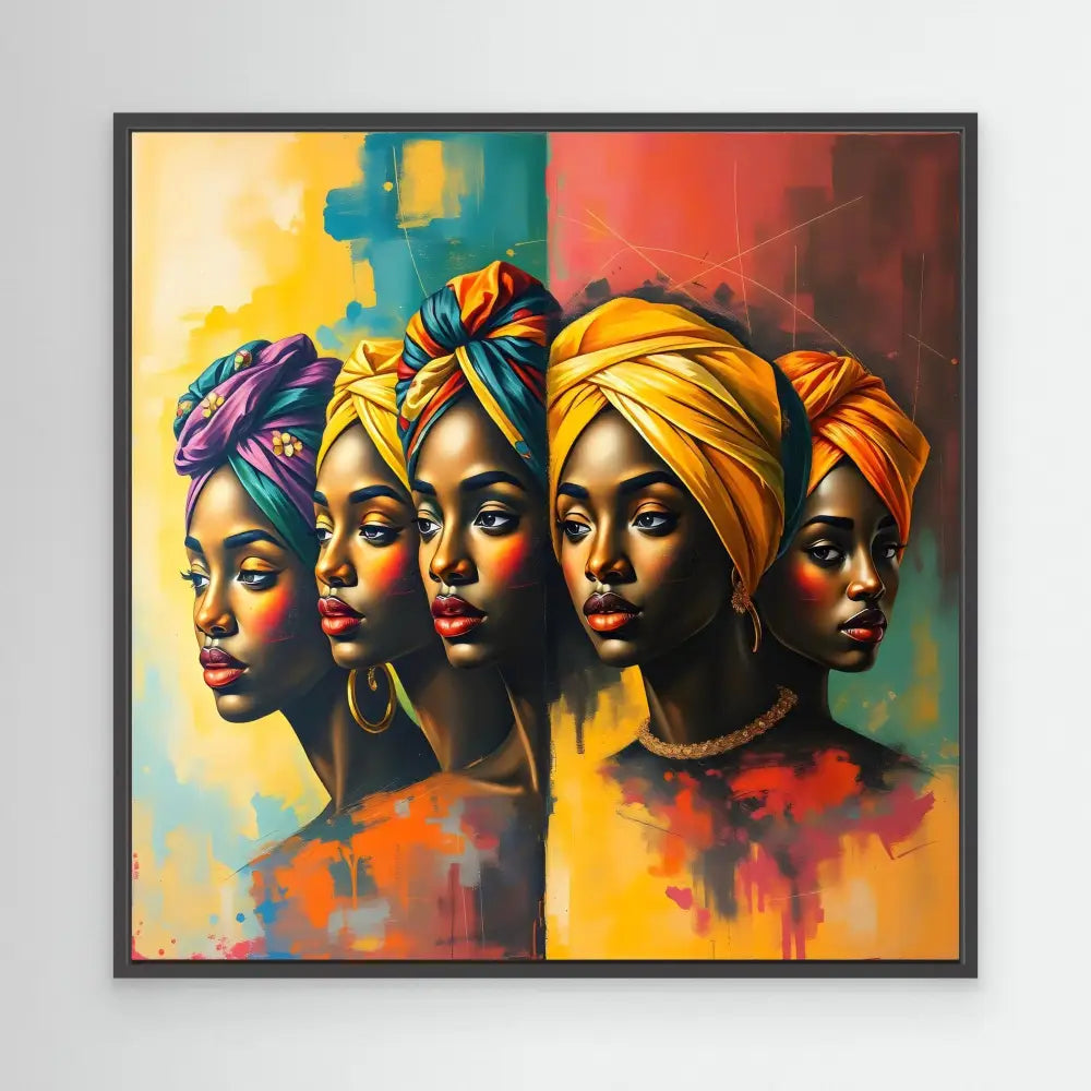 Vibrant portrait painting of five women wearing colorful head wraps arranged in profile.