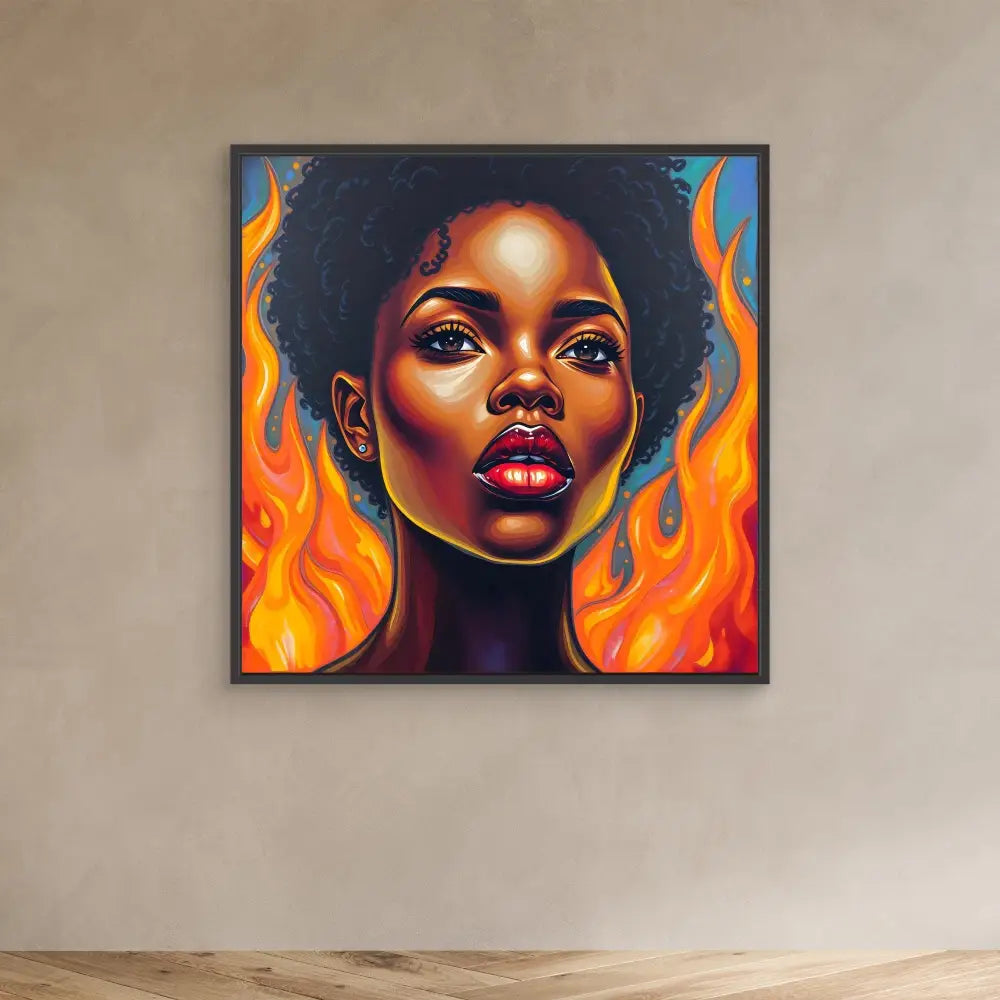 Vibrant portrait painting featuring flames surrounding a person with natural afro hair against a dark background.