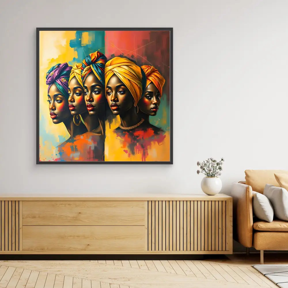 Vibrant portrait painting of four figures wearing yellow and orange head wraps against a colorful abstract background.