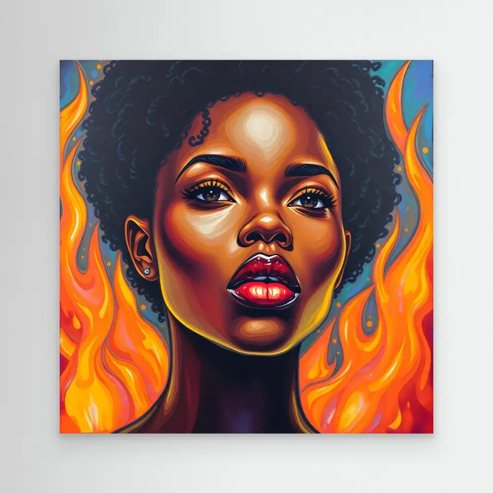 Vibrant portrait painting featuring glowing orange flames surrounding a striking figure with natural afro hair and bold red lips.