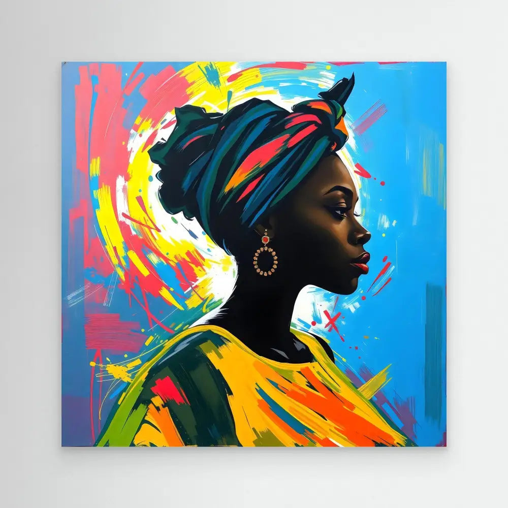 Vibrant portrait painting of a person in profile wearing a colorful headwrap and hoop earring against expressive brushstrokes.