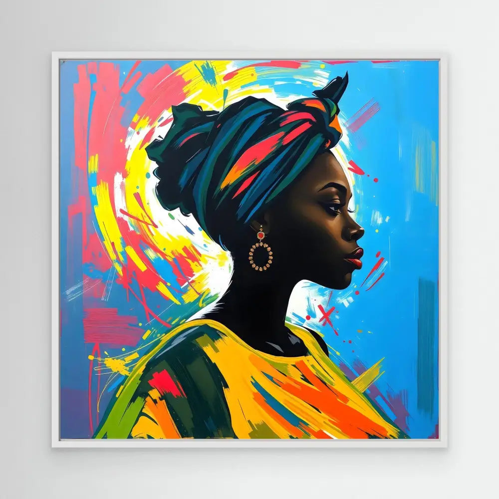 Vibrant portrait painting featuring a profile view with a blue headwrap and colorful yellow garments against expressive brushstrokes.