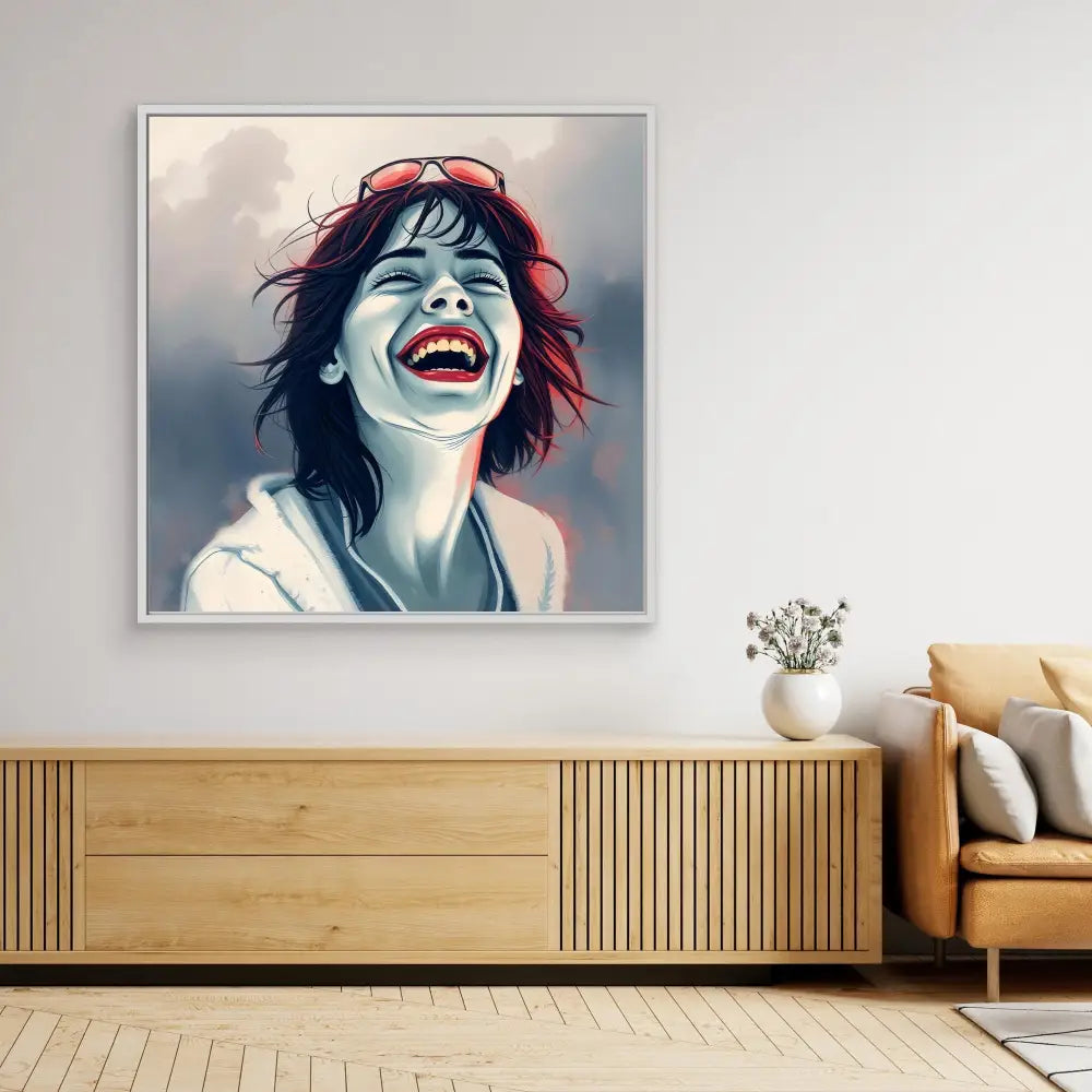 A vibrant portrait painting showing pure joy and laughter with dramatic lighting effects.