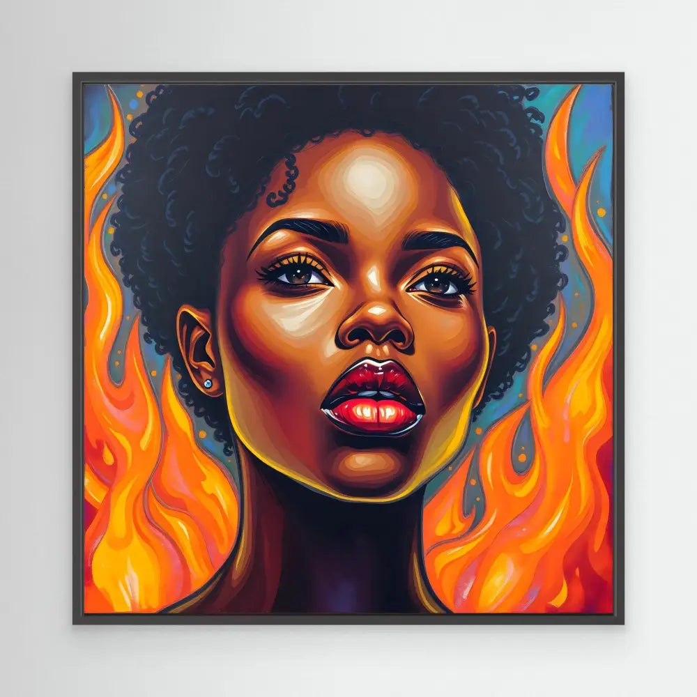 Vibrant portrait painting featuring glowing skin tones and natural afro hair with flames dancing on either side.