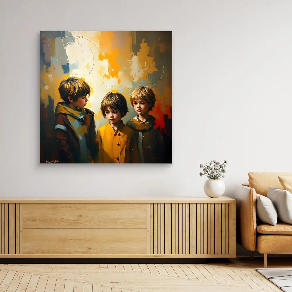 A vibrant portrait painting with warm orange and blue tones mounted on a wall.