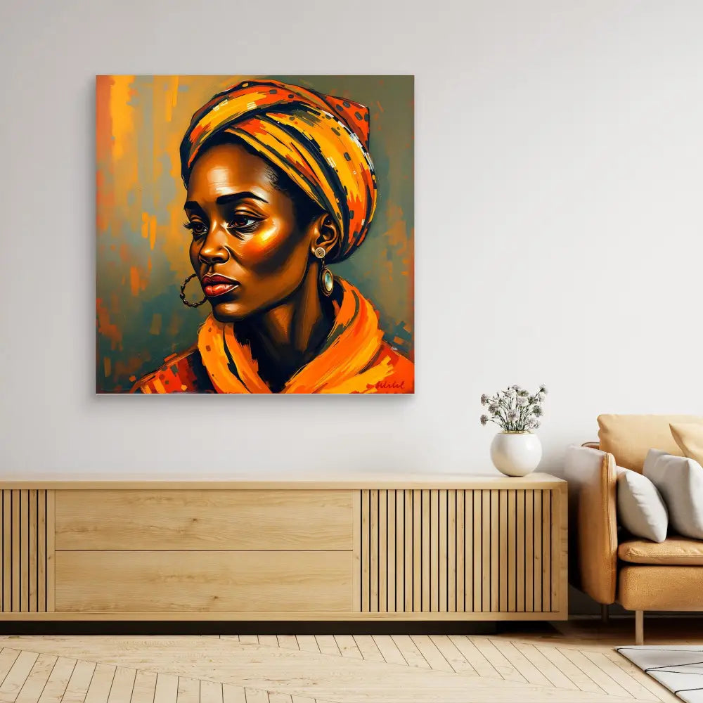 Vibrant portrait painting featuring warm orange and gold tones with a wrapped head covering.