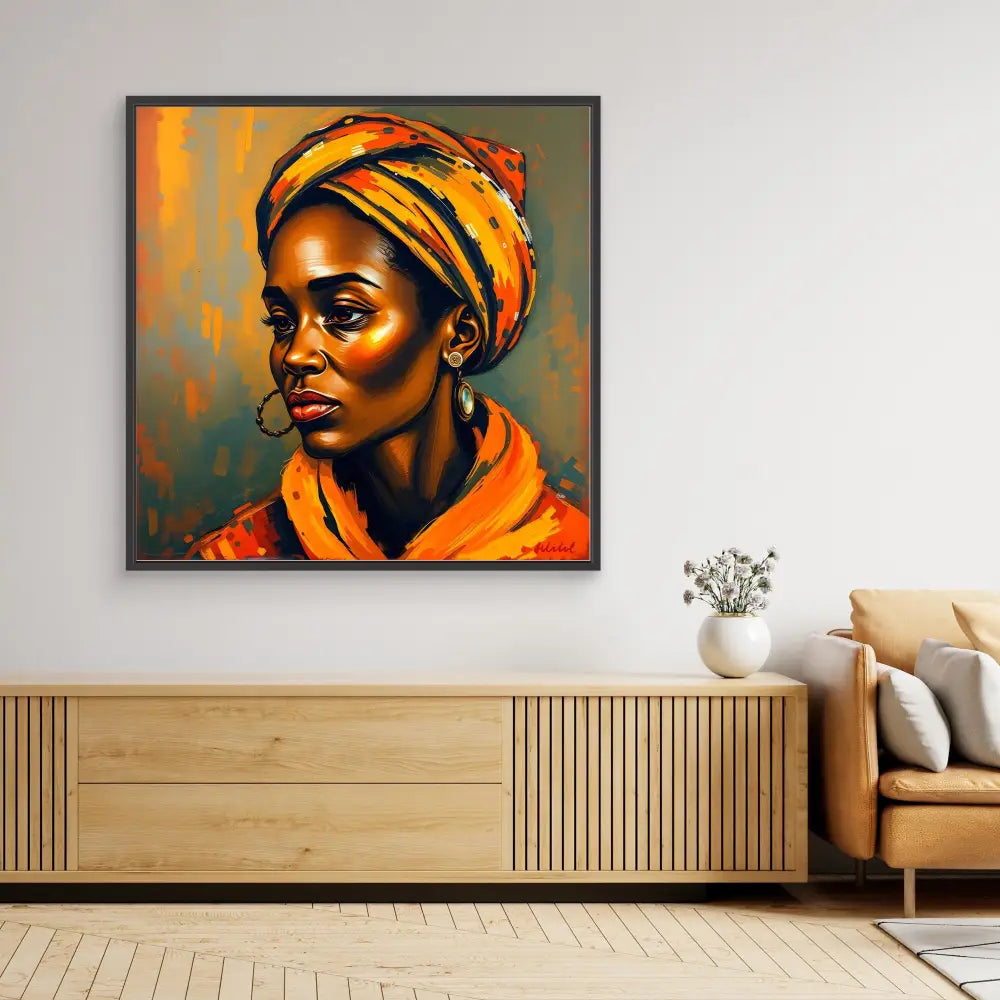 Vibrant portrait painting featuring warm orange and gold tones with a wrapped head covering.