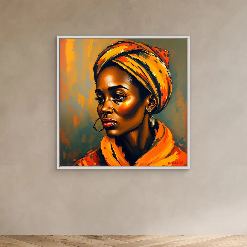 A vibrant portrait painting featuring warm orange and yellow tones with a person wearing a matching headwrap and garment.