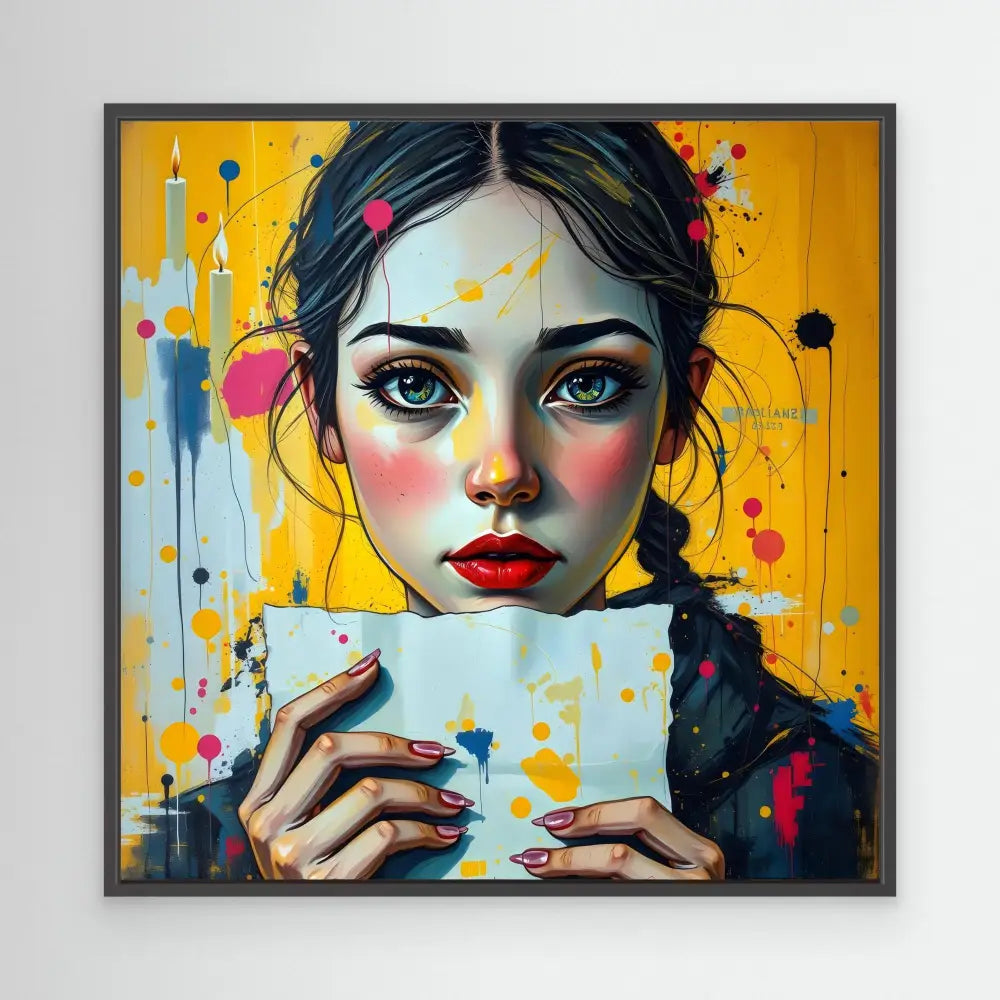 A vibrant portrait painting shows someone holding a white cup against a colorful splattered backdrop.