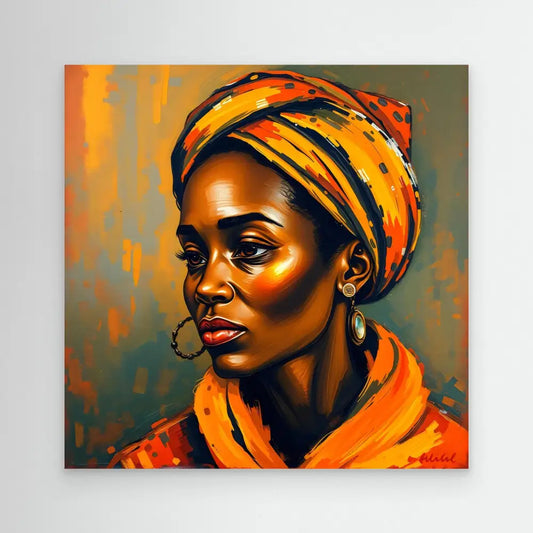 Vibrant portrait painting featuring a woman wearing a golden-orange head wrap and matching shawl.