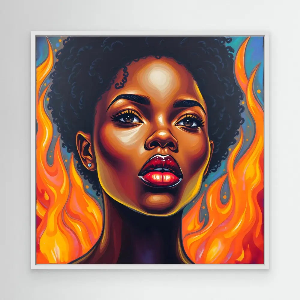 Vibrant portrait painting of a woman with natural afro hair surrounded by flames.