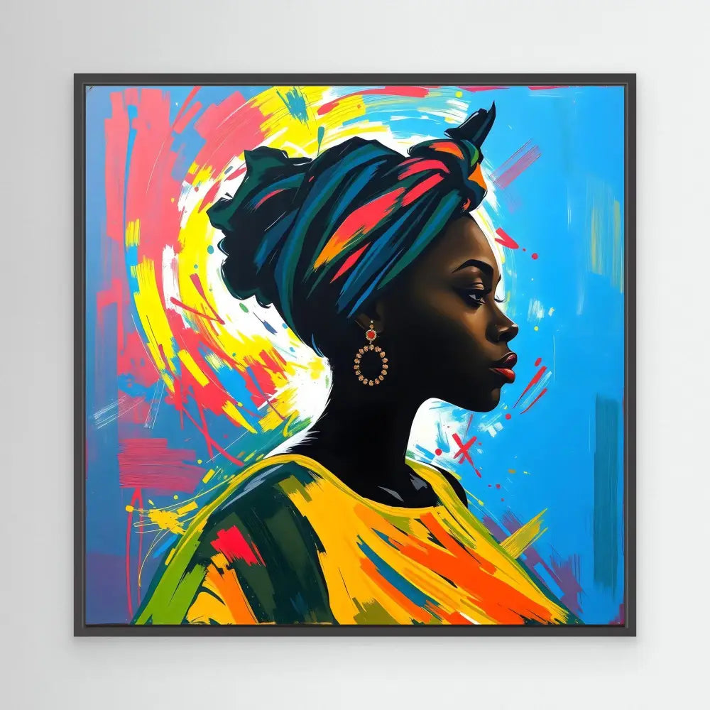 Vibrant portrait painting of a woman in profile wearing a colorful headwrap and gold hoop earring.