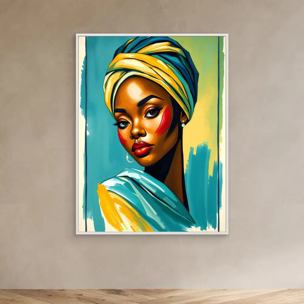 Vibrant portrait painting featuring yellow and turquoise head wrap and clothing against a teal backdrop.