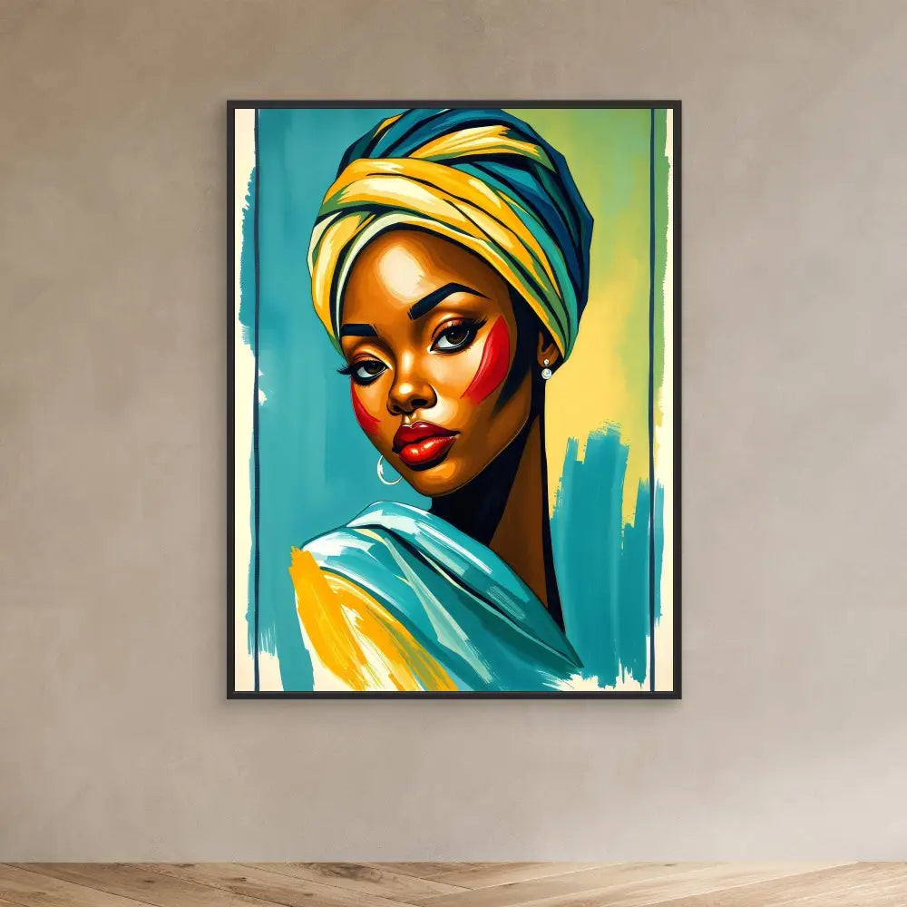 A vibrant portrait painting featuring a yellow and turquoise head wrap and matching fabric.