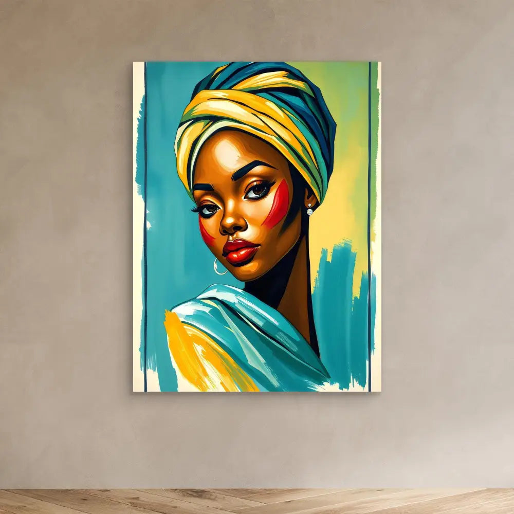 Vibrant portrait painting featuring yellow and turquoise head wrap and clothing against a teal backdrop.