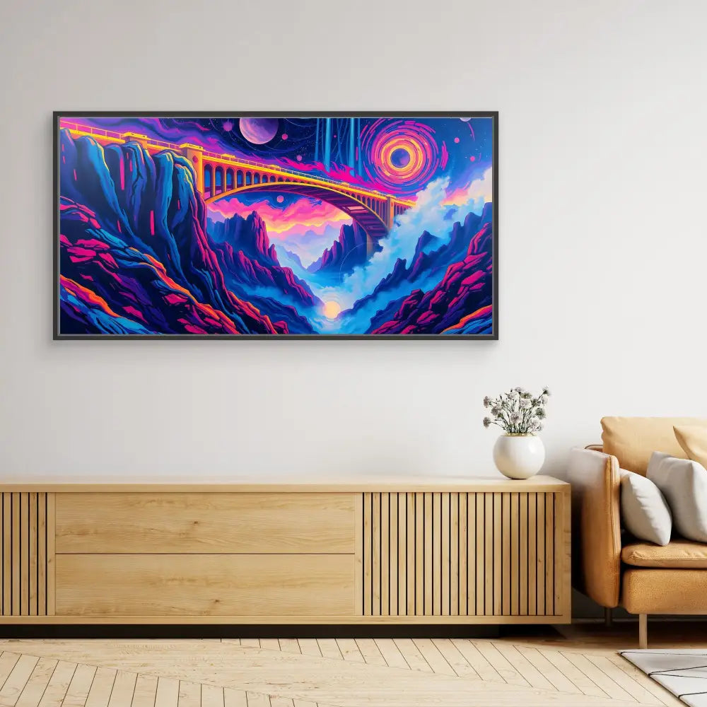 Vibrant psychedelic artwork featuring a bridge spanning across a mountainous canyon under a surreal purple-orange sky with glowing celestial bodies.