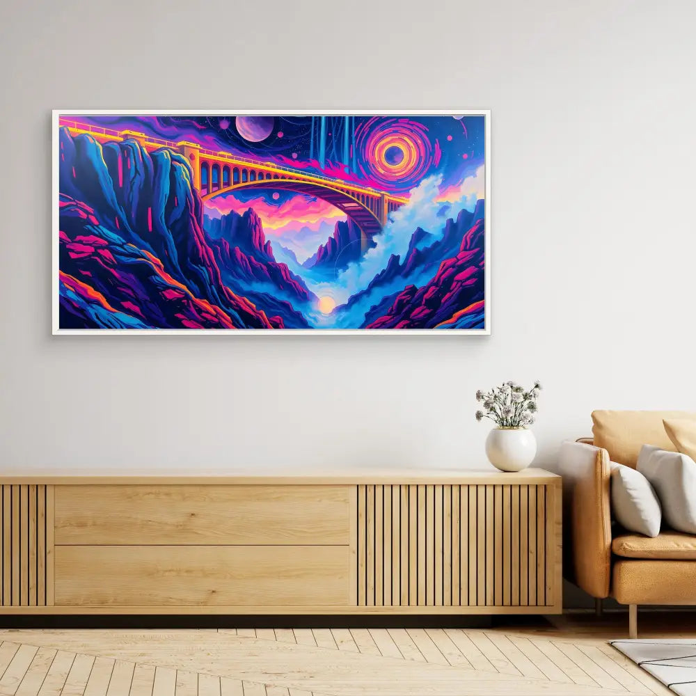 Vibrant psychedelic artwork featuring a bridge spanning across a mountainous canyon under a colorful cosmic sky.