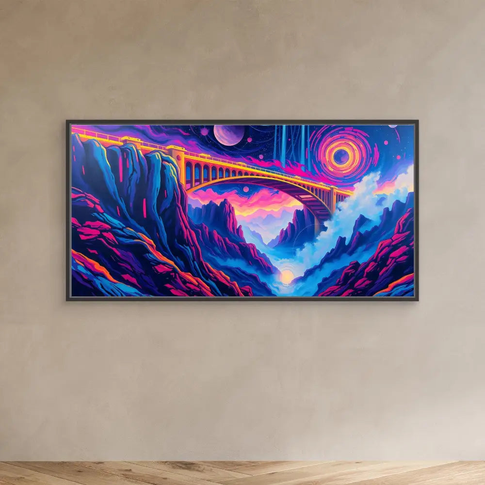 Vibrant psychedelic artwork depicting a rainbow bridge spanning across a cosmic mountain landscape.