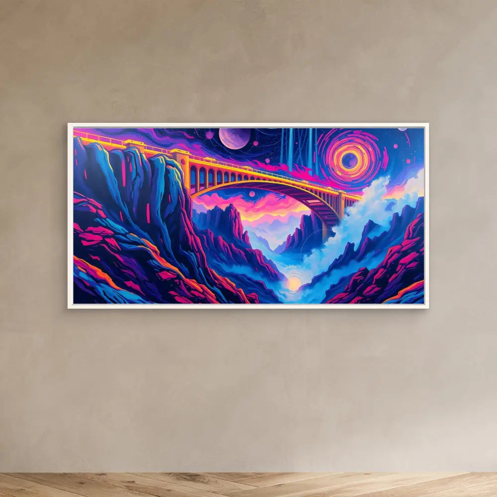 Vibrant psychedelic artwork depicting a rainbow bridge spanning across a cosmic canyon under a surreal night sky.