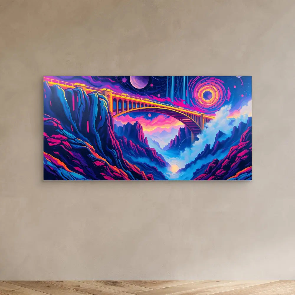 Vibrant psychedelic artwork featuring a rainbow bridge spanning across a mountainous canyon under a cosmic sky.