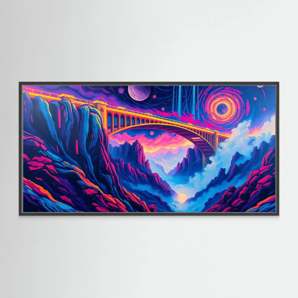 Vibrant psychedelic painting of a bridge spanning a canyon under a surreal night sky.